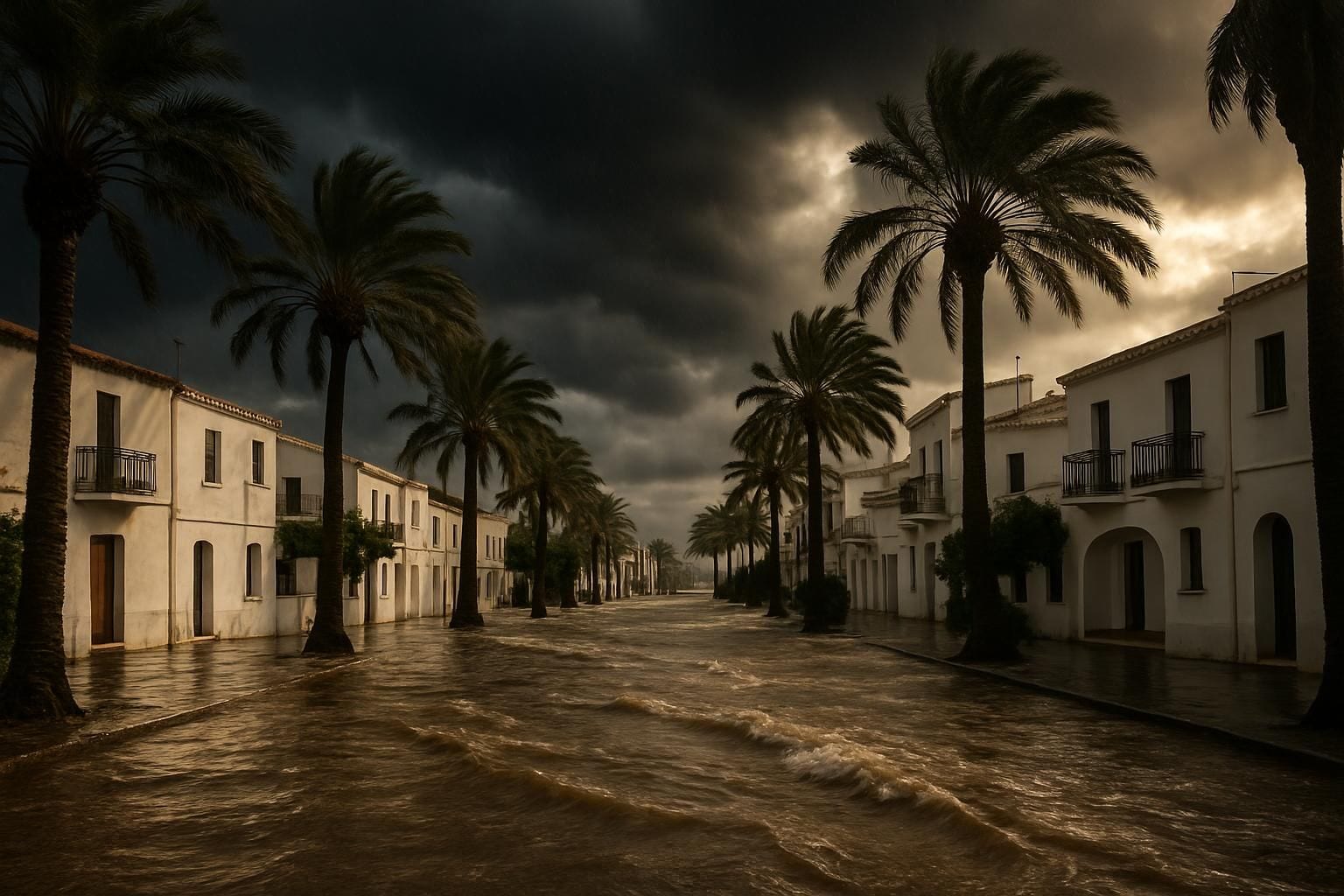 Een overstroomde straat aan de Spaanse Middellandse Zeekust tijdens een zware regenstorm, met donkere onweerswolken